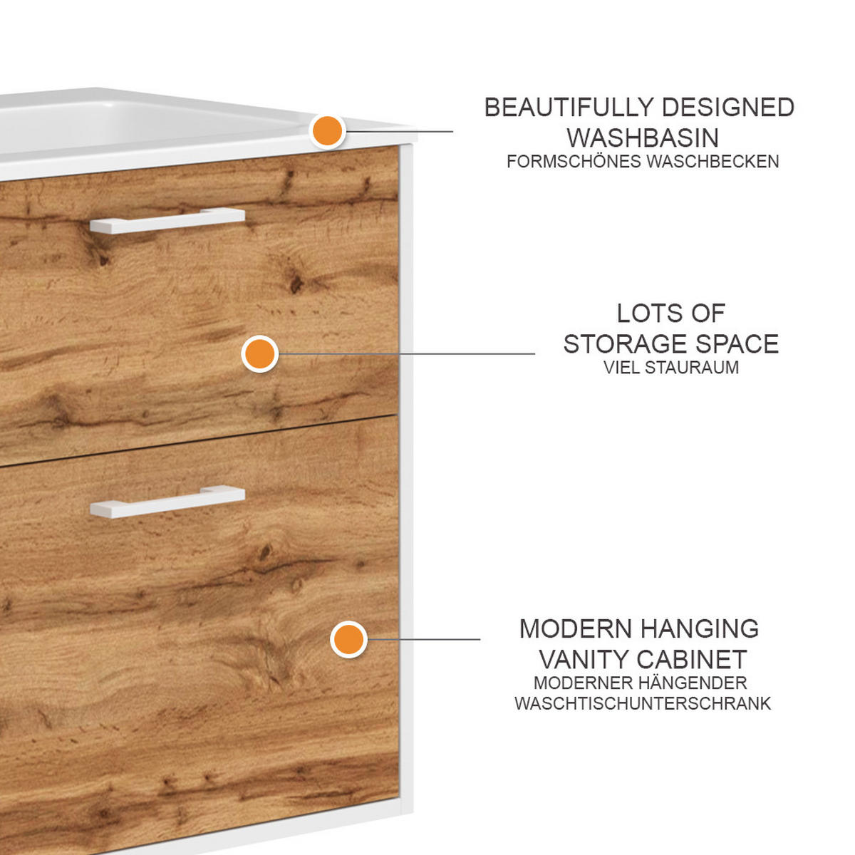 WASCHBECKENUNTERSCHRANK Lanco Weiß/Goldkraft Eiche 61 x 61.5 cm mit Waschbecken - Honigeiche/Weiß, Holzwerkstoff (61/61.5/46.5cm) - Vicco
