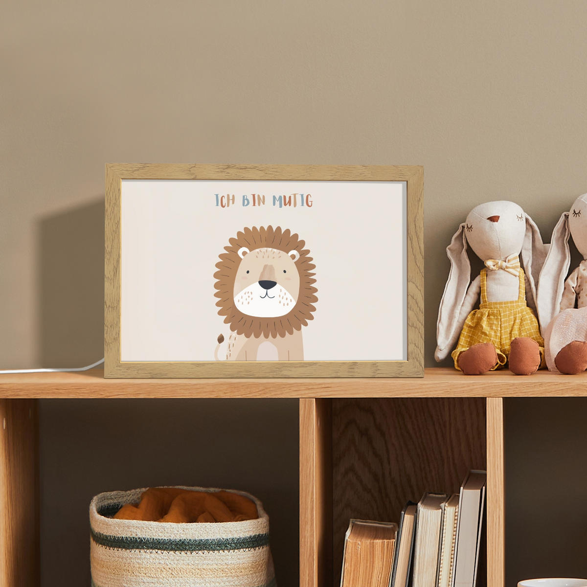 NACHTTISCHLAMPE Löwe - Beige - Tier - Mutig - Zitat 30x20 cm - Beige, Holzwerkstoff (8/30/20cm)