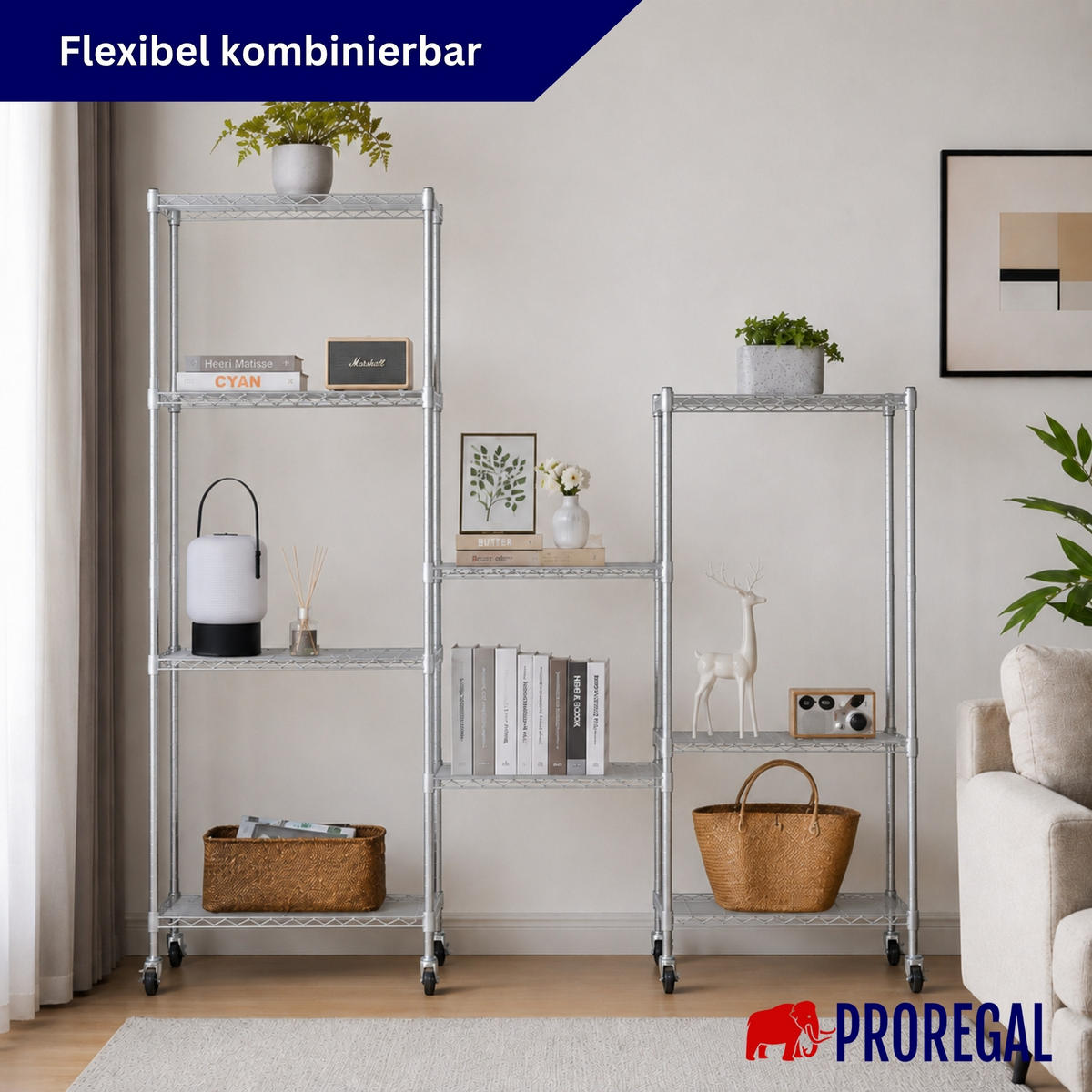 GITTERREGAL 2er - Set HADES mit Rollen & 5 Gitterböden Metall 180x90x40cm Silber - Silberfarben, Metall (90/180/40cm) - PROREGAL