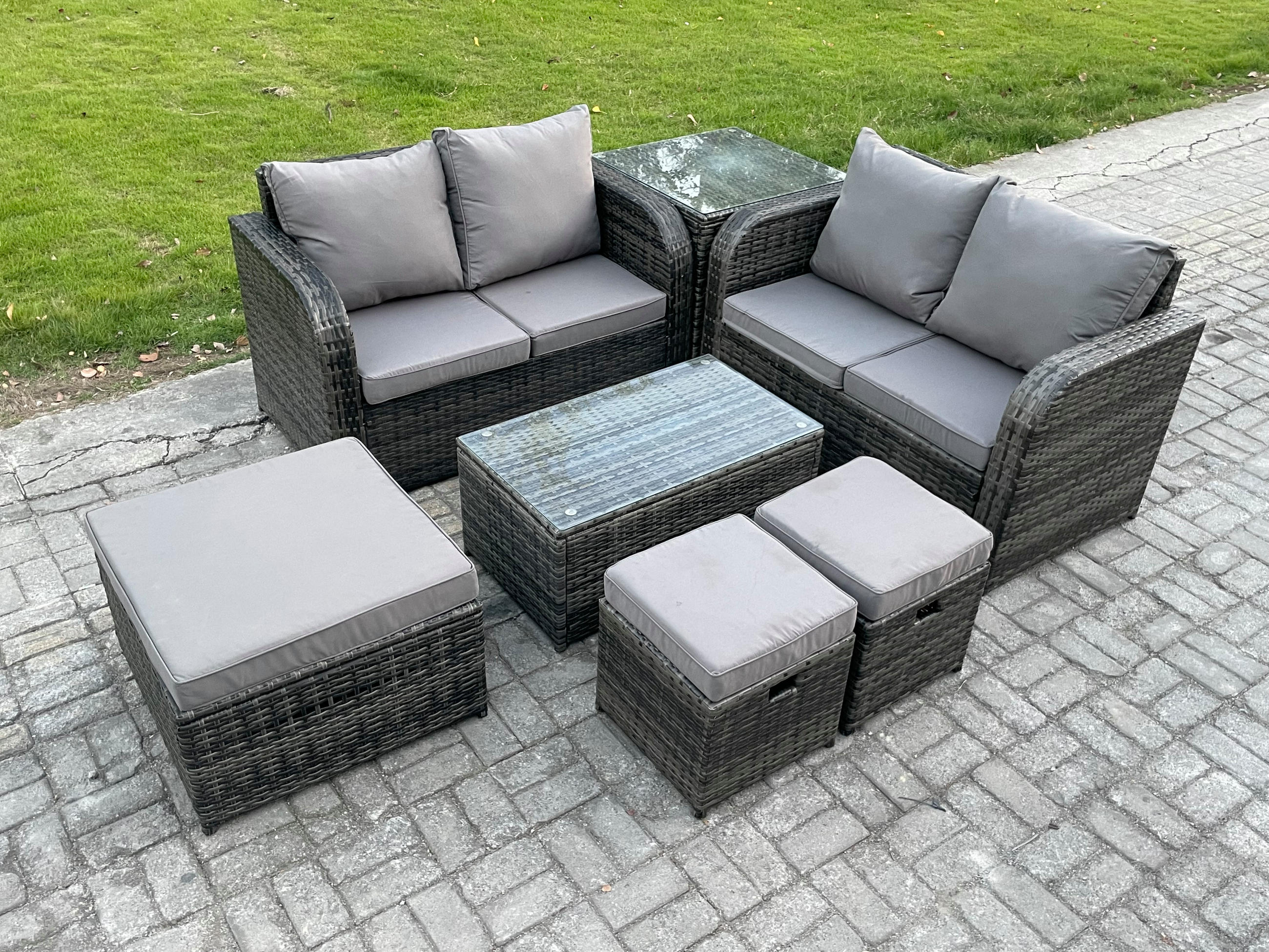 GARTENMÖBELGARNITUR mit KISSEN Polyrattan Dunkelgrau 7-Sitzer - Dunkelgrau/Grau, Glas/Kunststoff - Fimous