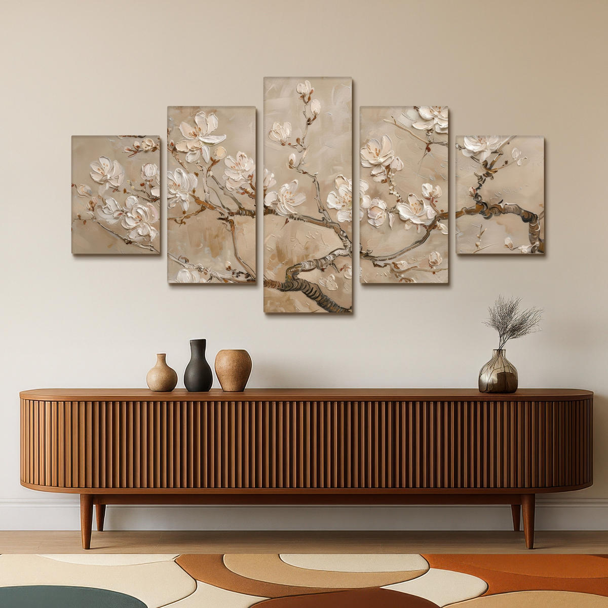 LEINWANDBILD 5er Set Beige - Blüte - Modern 150x80 cm - Greige, Textil (150/80cm) - MuchoWow