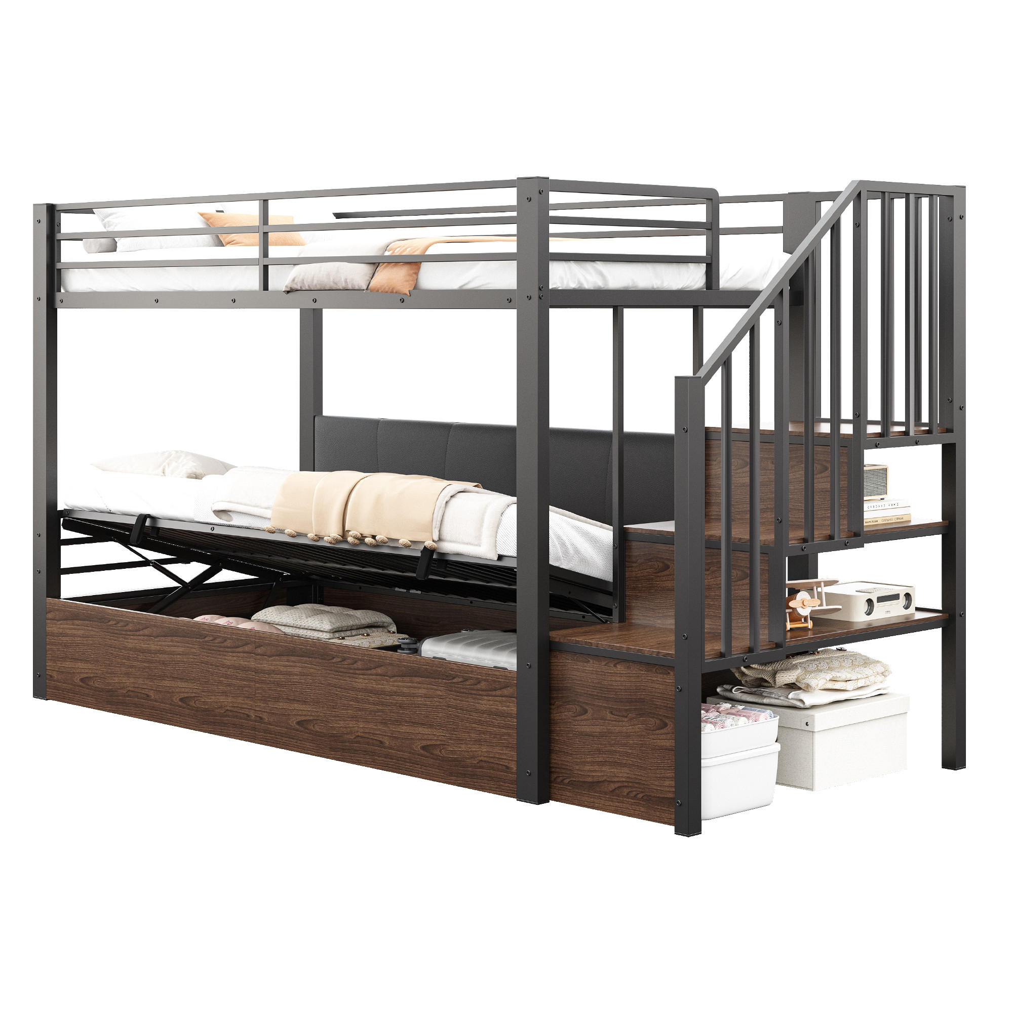 ETAGENBETT 90/200 cm in Schwarz mit Hydraulik-Stauraum, Treppe mit Staufächern und Schutzgeländer - Schwarz, Holzwerkstoff (90/200cm) - STILVORA