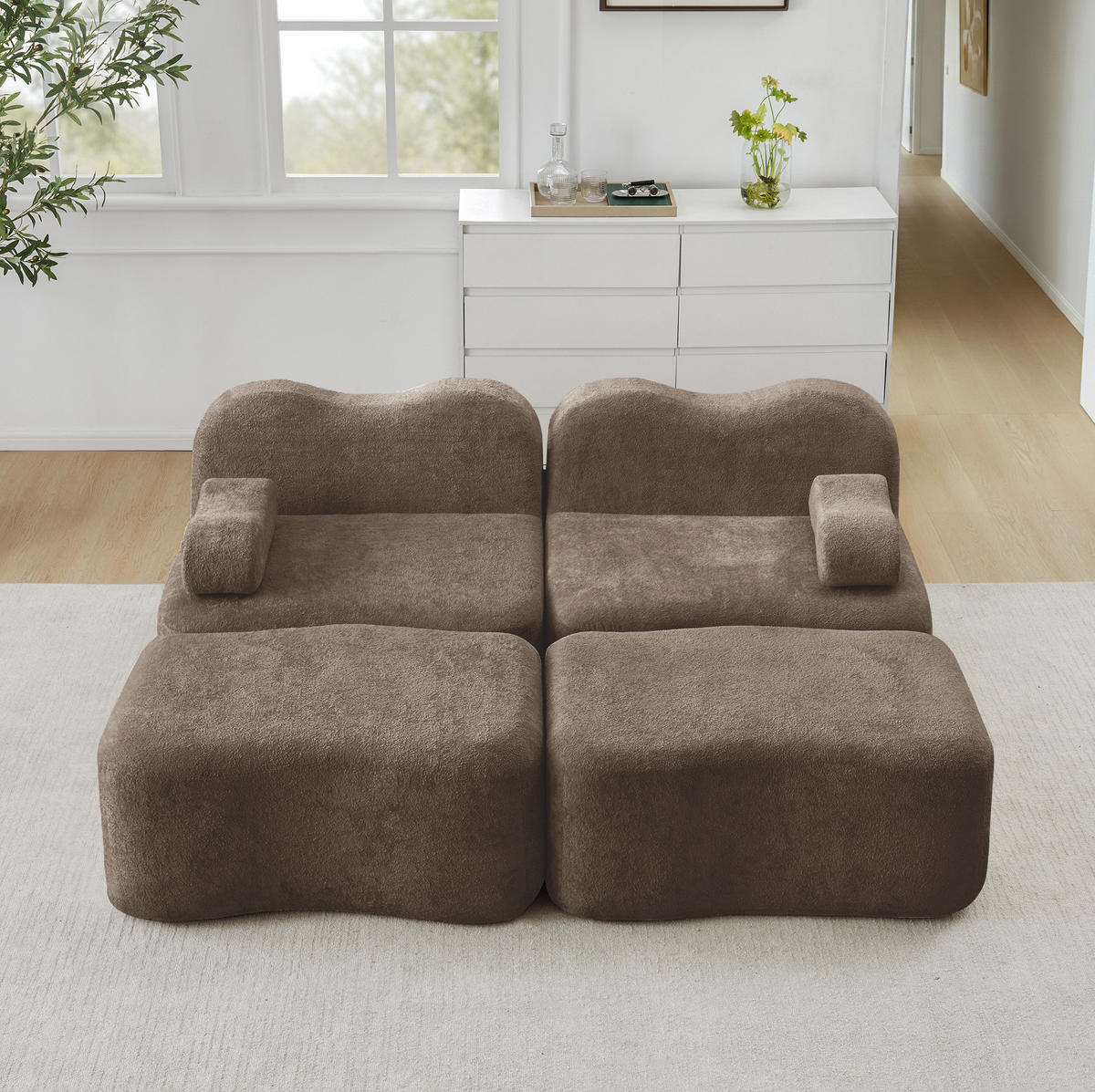 2-SITZER Sofa aus Samt Braun modular mit 2 Hockern, rahmenloses Design und beweglichem Armlehnenkissen - Braun, Textil (192/70/167cm) - Modfu
