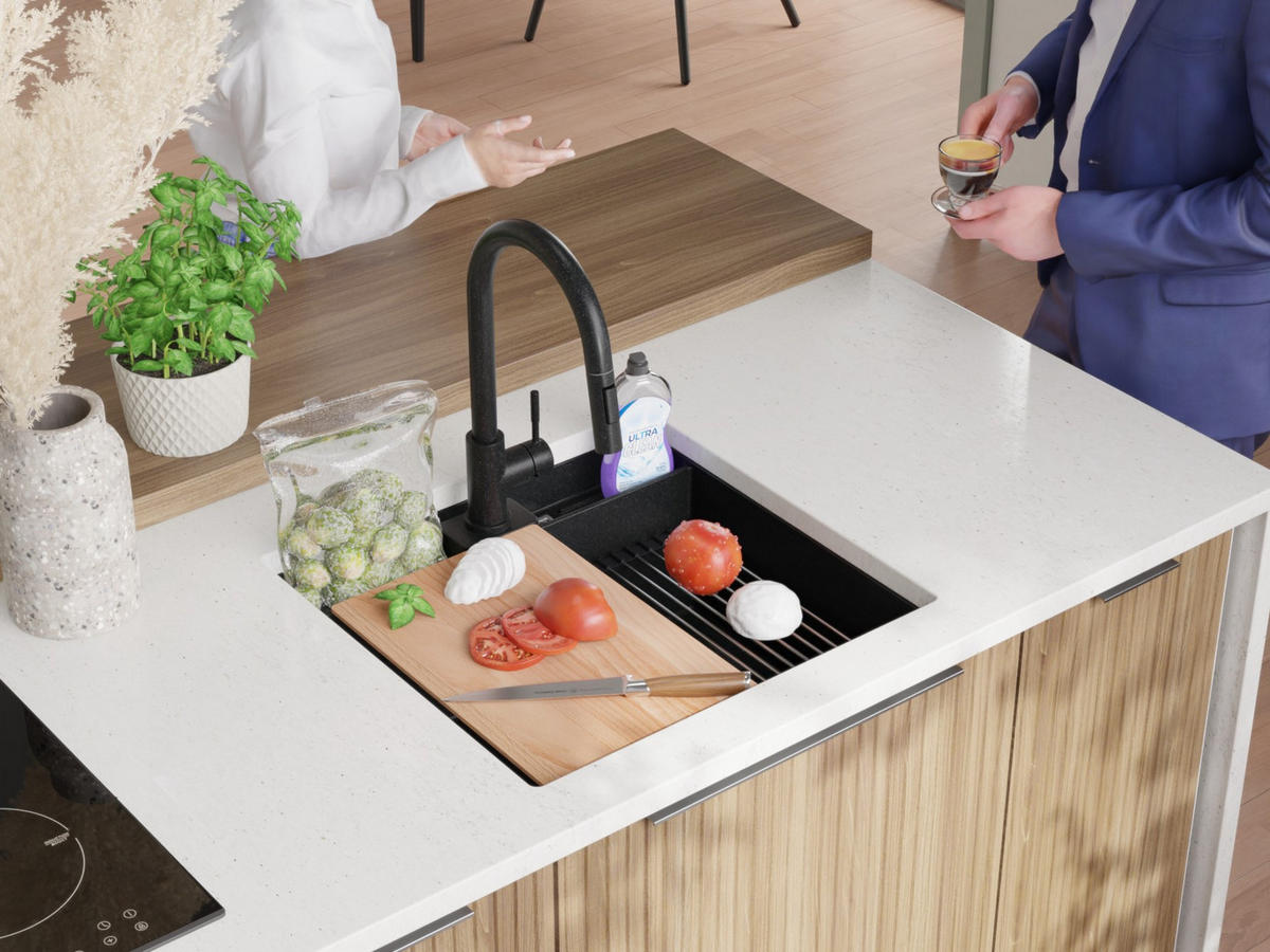 UNTERBAUSPÜLE GRANIT Bergen Pocket, 2-er set Anthrazit 56/54 cm 1 Becken + Ablauf-Set + Küchenzubehörset ab 60er Unterschrank - Chromfarben/Anthrazit, Kunststoff (56/20/54cm) - Primagran