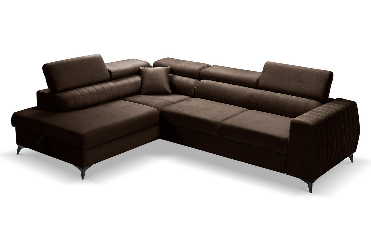 ECKSOFA PIERO L Links mit Schlaffunktion 195x125 Velours Braun - Schwarz/Braun, Holz/Textil (268/203cm) - Muffo