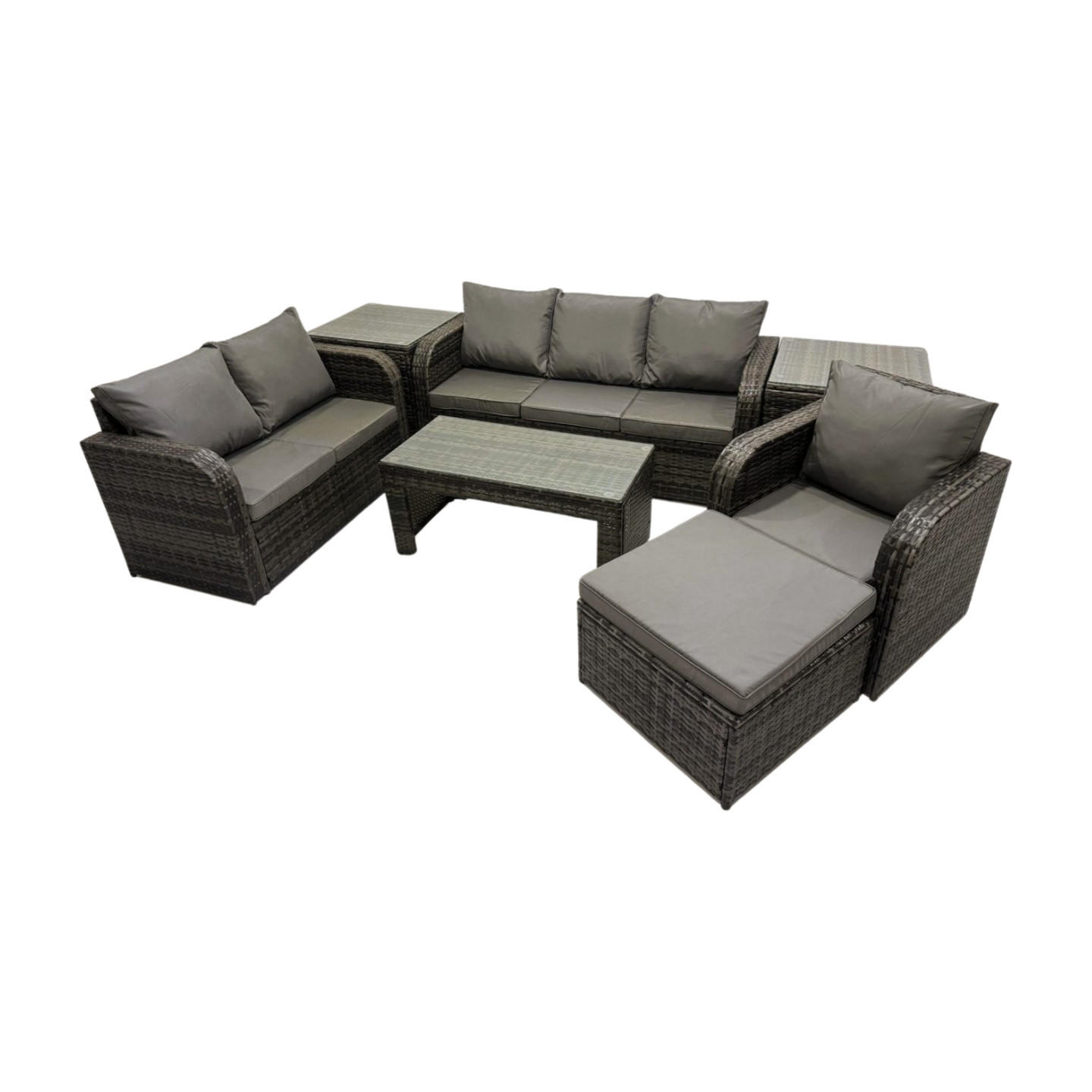 GARTENSOFA SET mit rechteckigem COUCHTISCH Polyrattan 8-Sitzer Dunkelgrau - Dunkelgrau/Grau, Glas/Kunststoff - Fimous