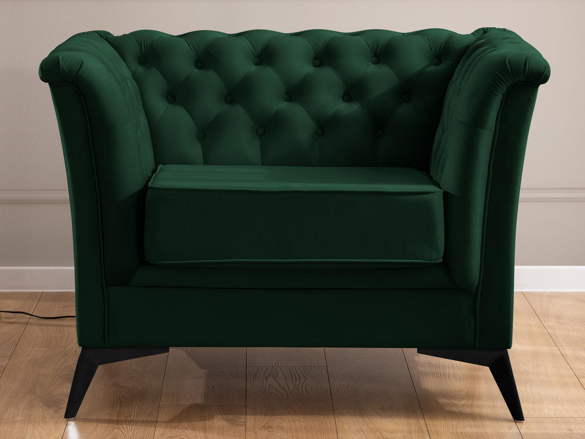 CHESTERFIELD-SESSEL Whitby Flaschengrün Samt mit schwarzen Füßen - Dunkelgrün/Schwarz, Holz/Textil (116/78/82cm) - S-Style Möbel