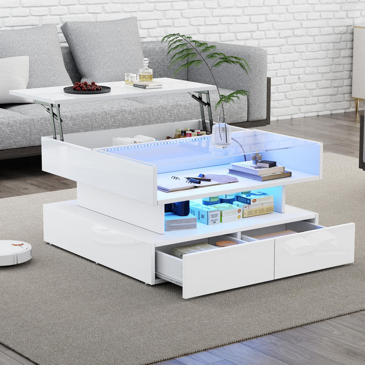 COUCHTISCH 80x80x45 cm Weiß LED 2 Schubladen Stauraum Glas - Weiß, Holzwerkstoff (80/80/45cm)