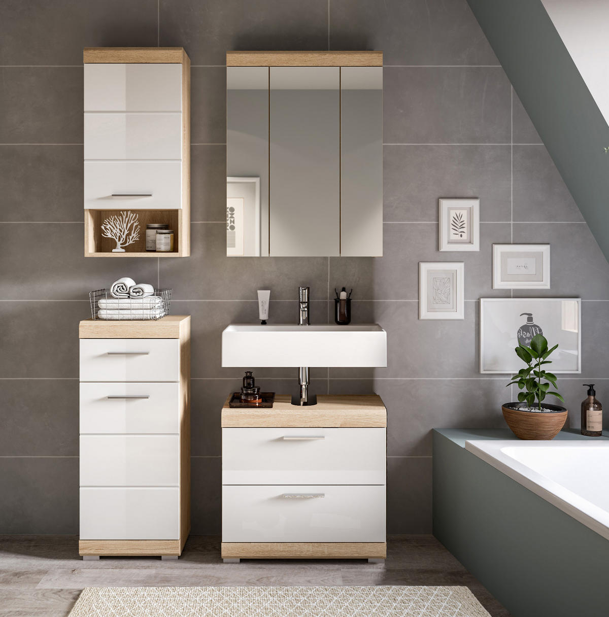BADMÖBEL-SET weiß Hochglanz, Eiche 4-teilig 112 cm, Komplettset mit viel Stauraum - Weiß Hochglanz/Eichefarben, Holzwerkstoff (112/191/37cm) - Inn.Furn