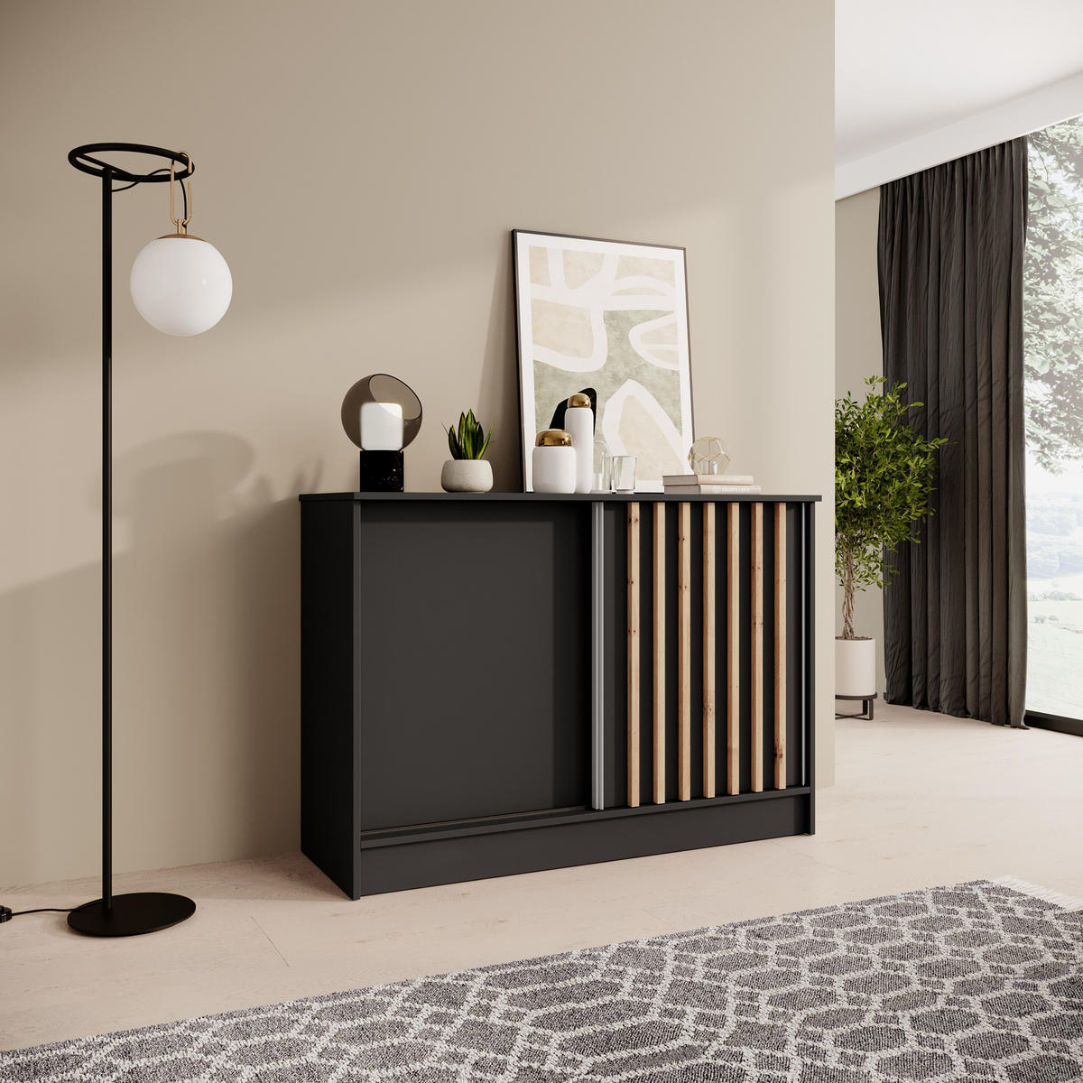 KOMMODE Horizon mit 2 Schiebetüren, Schwarz, 120 cm - Schwarz, Holzwerkstoff (121/85/43.5cm) - Beautysofa