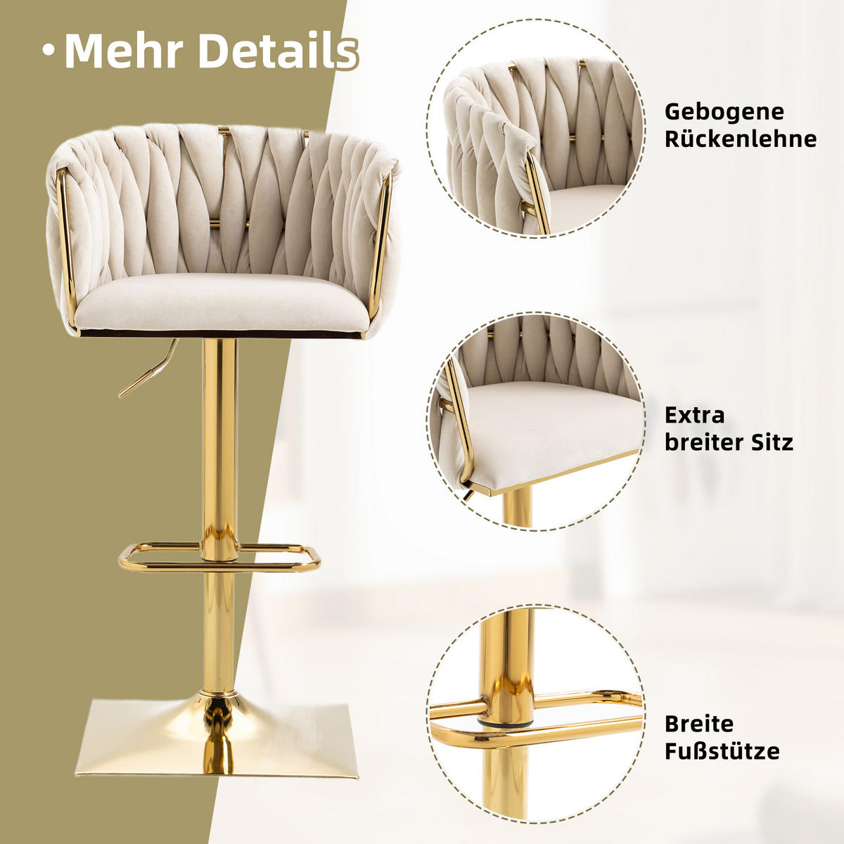 BARHOCKER mit Rückenlehne und Fußstütze - Creme, Textil (53/87/51cm)
