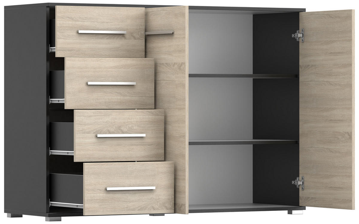 KOMMODE - Highboard IRYS 01 2D4S Schwarz + Sonoma - Schwarz/Sonoma Eiche, Holzwerkstoff (135/95/45cm) - Möblo