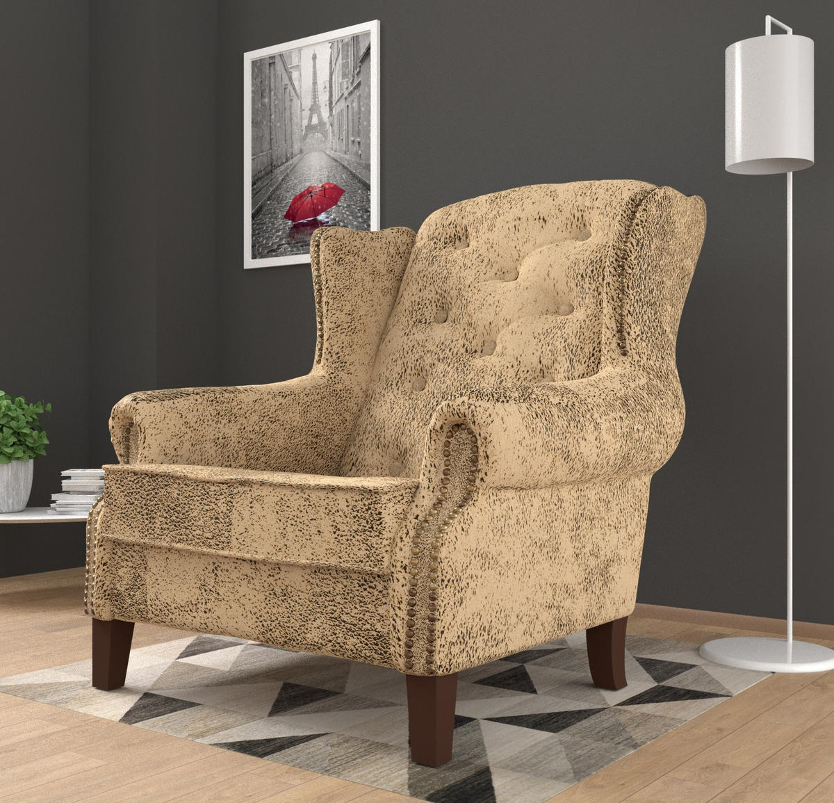 CHESTERFIELD-SESSEL Anton Beige Microfaser Vintageoptik - Beige/Braun, Holz/Textil (102/102/93cm) - S-Style Möbel