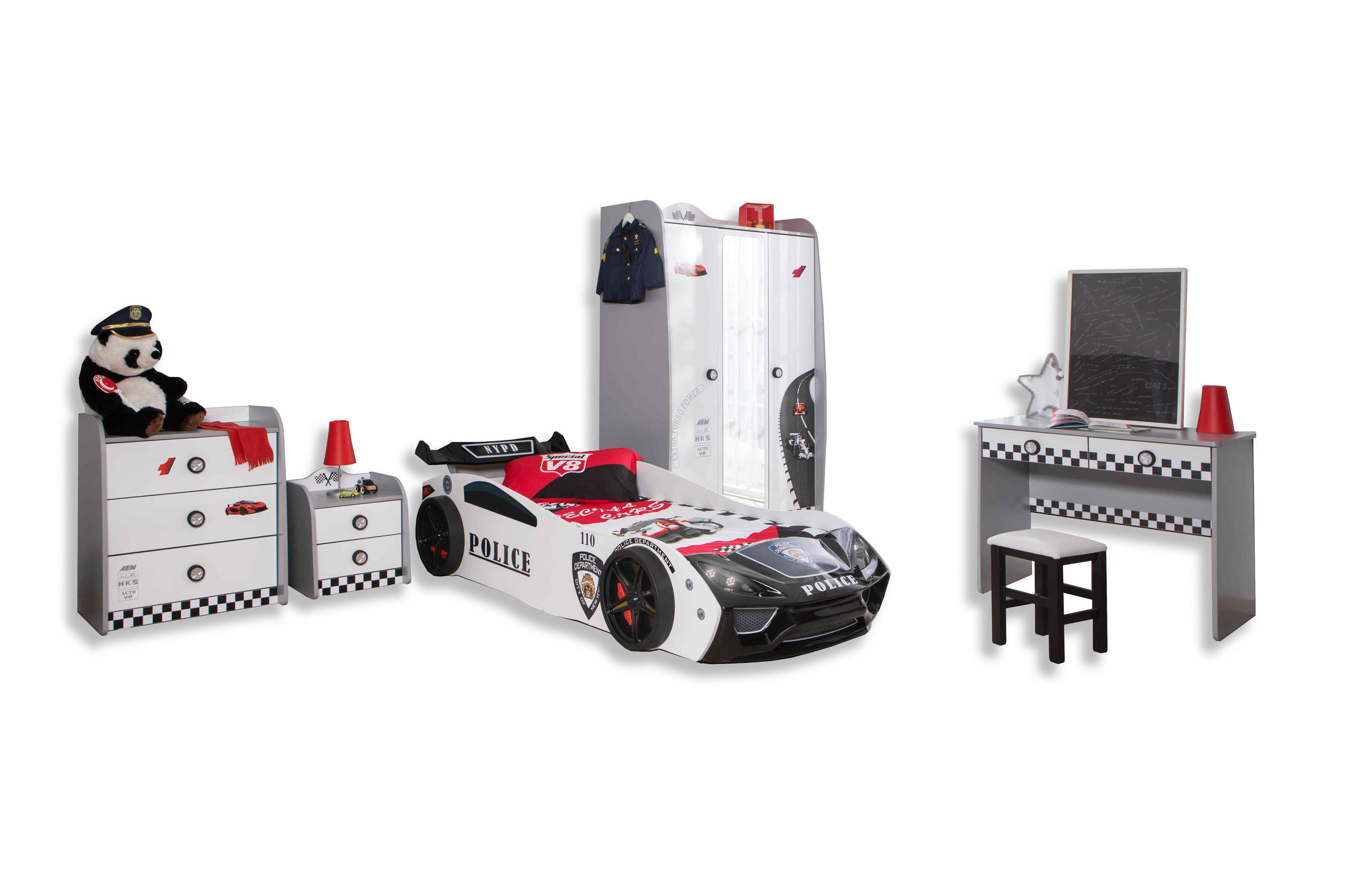 KINDERZIMMER Police Komplett Set mit Autobett 5-tlg. Schwarz Weiß - Schwarz/Weiß, Holzwerkstoff/Kunststoff (128/200/64cm) - Aileenstore