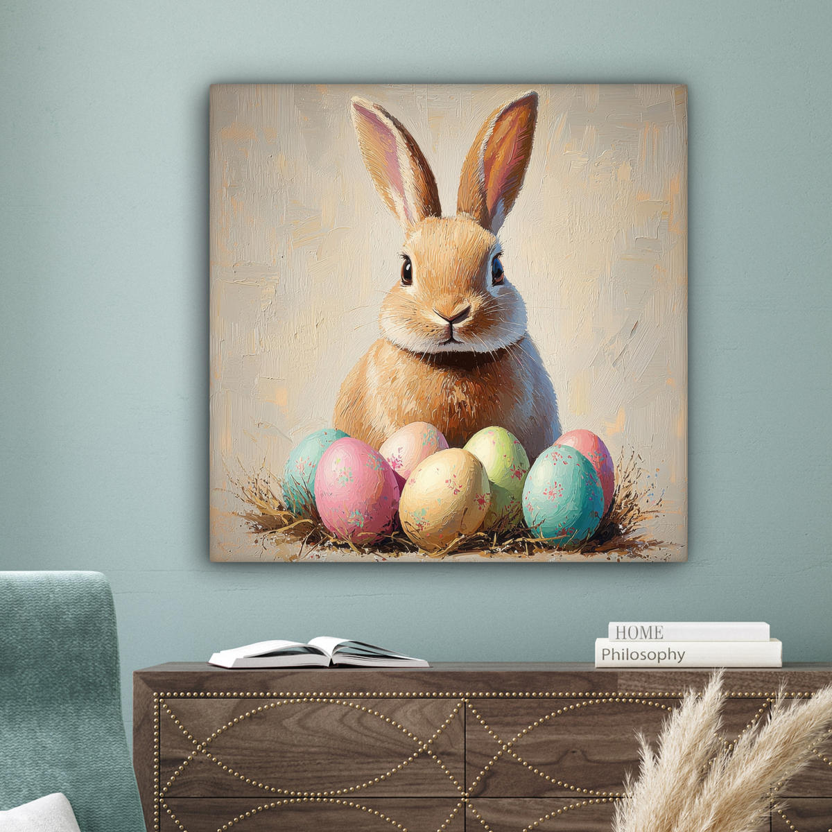 LEINWANDBILD Osterhase - Pastell - Eier Deko Groß 90x90 cm - Beige, Textil (90/90cm) - MuchoWow