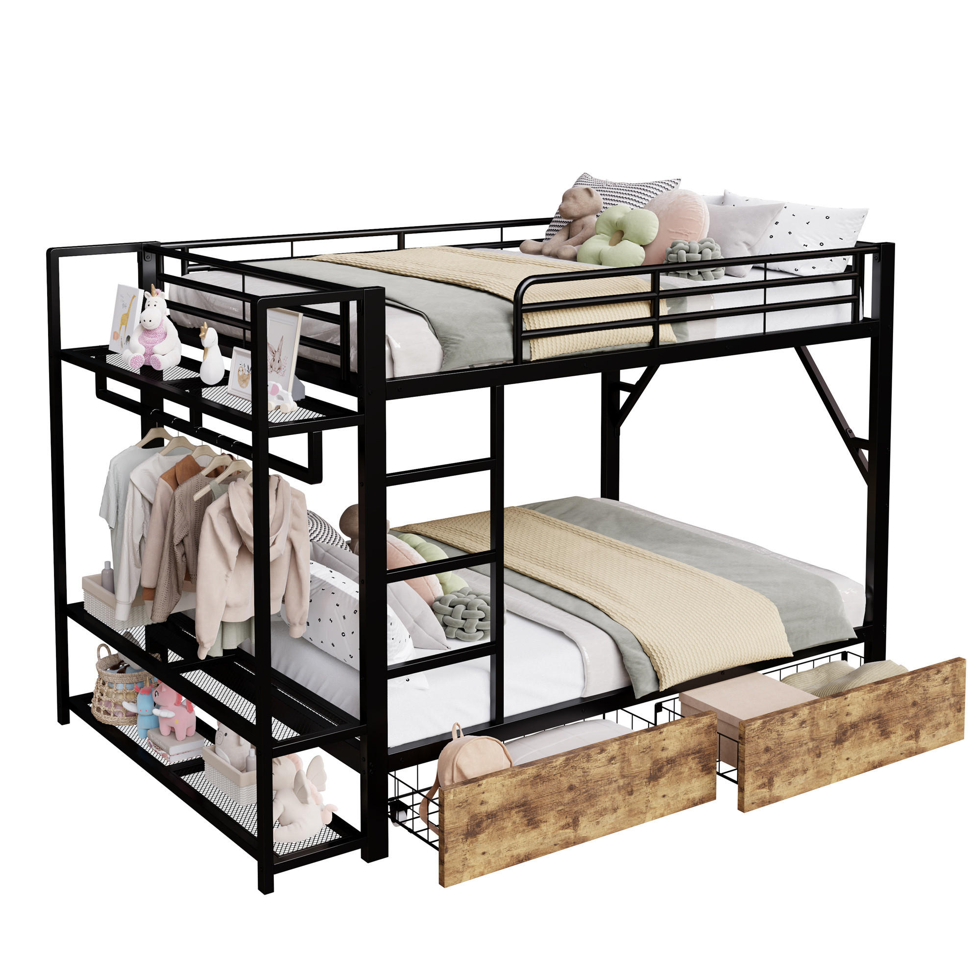 ETAGENBETT 140/200 cm Schwarz mit LED-Beleuchtung und 2 Schubladen - Schwarz, Metall (140/200cm) - Flora Grace
