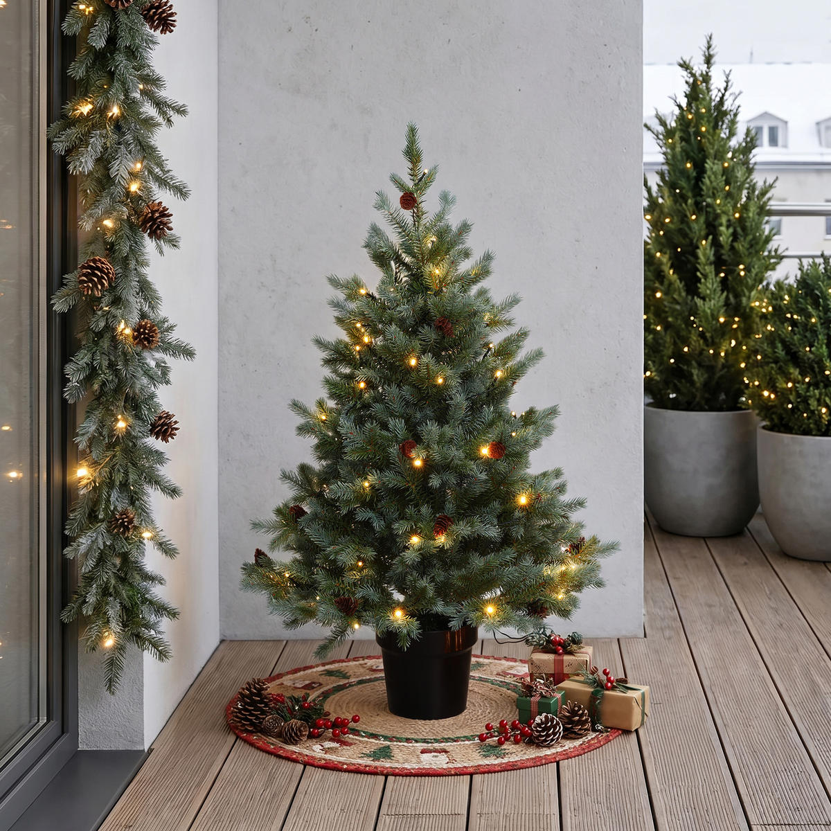 KÜNSTLICHER Weihnachtsbaum mit Beleuchtung 90 cm, Schwarzer Kunststofftopf - Grün, Kunststoff (63/90/63cm) - Hometopia