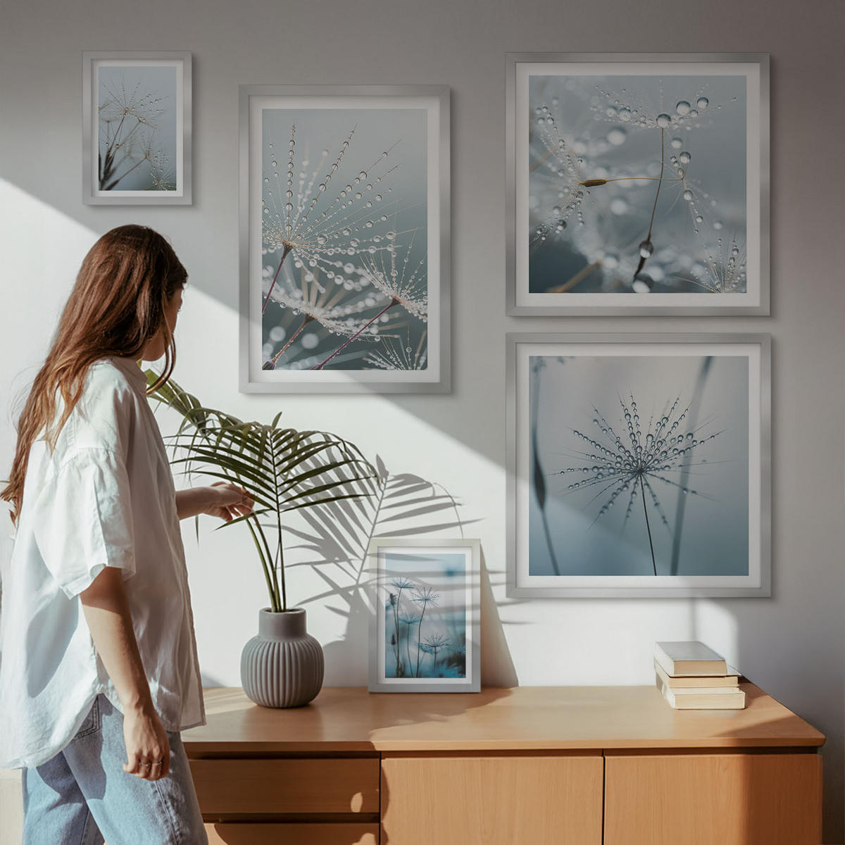 WANDBILDER 5er Set - 50x50 cm & 20x30 cm & 40x60 cm Silberner Rahmen - Tautropfen auf Löwenzahn - Silberfarben, Kunststoff (40/60cm) - ArtPrintCave