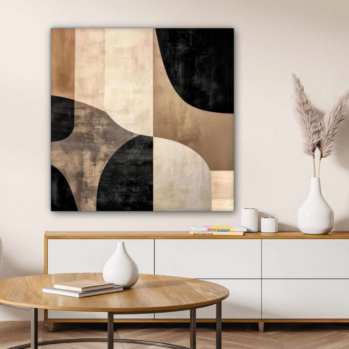 LEINWANDBILD Abstrakt - Flugzeuge - Schwarz - Rund Deko Groß 90x90 cm - Beige, Textil (90/90cm) - MuchoWow