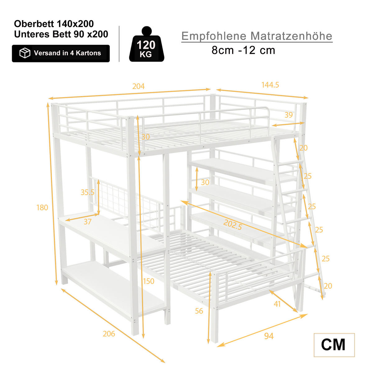 HOCHBETT 140/200 cm Weiß Multifunktionsbett mit Ablagefächern - Weiß, Metall (140/200cm) - OKWISH