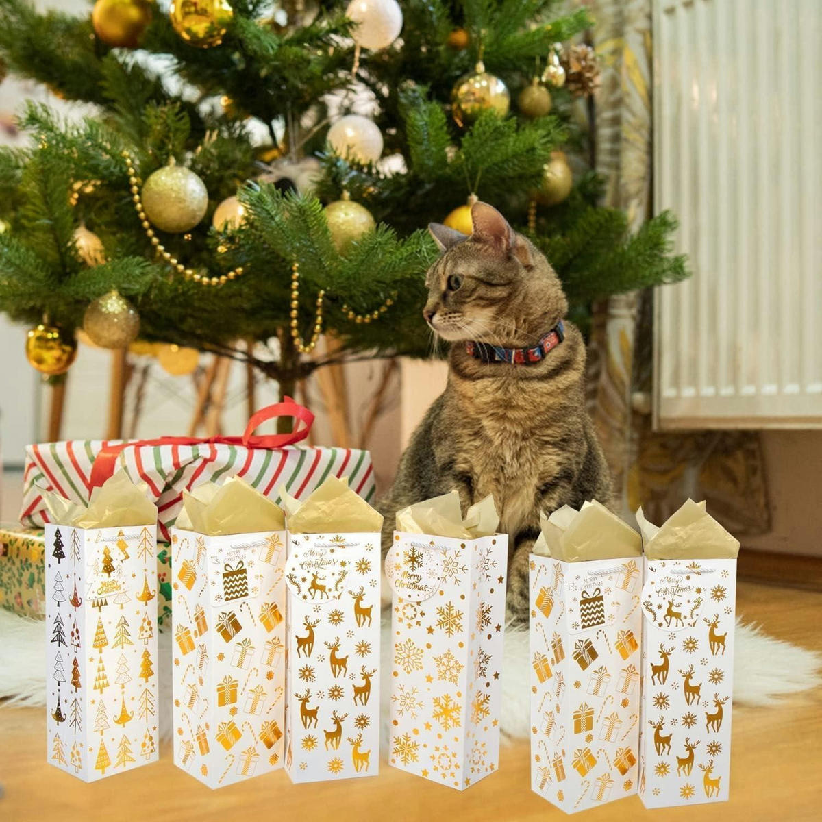 GESCHENKTASCHEN 12-teiliges Set 12,5 cm x 10 cm x 35,5 cm Goldmuster Weihnachten - Goldfarben, Karton (35.5cm)