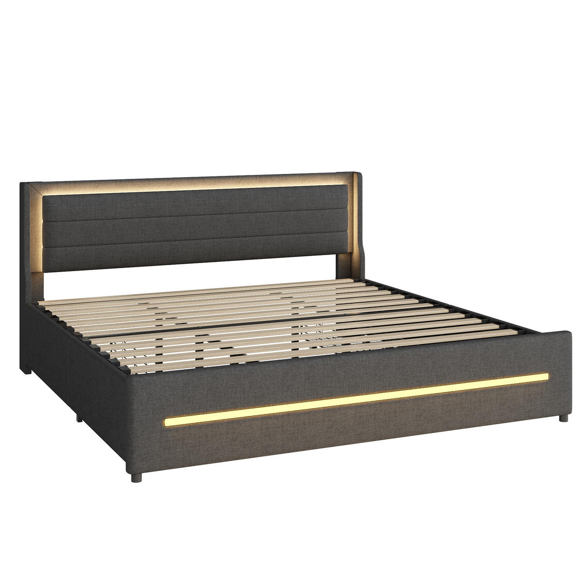 POLSTERBETT 180/200 cm grau mit farbwechselnder LED-Beleuchtung und vier Ablagefächern - Grau, Textil (180/200cm) - OKWISH