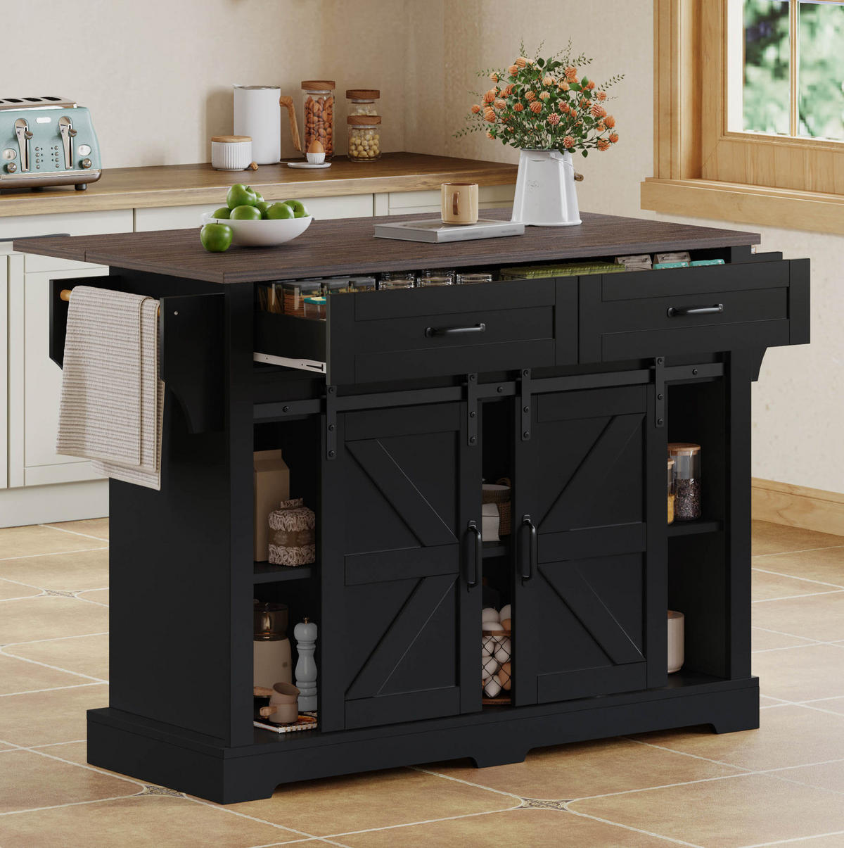 KÜCHENINSEL 120/45(70)/91 cm Schwarz aus MDF mit klappbarer Arbeitsplatte - Schwarz, Holzwerkstoff (70/91/120cm) - OKMYHOME