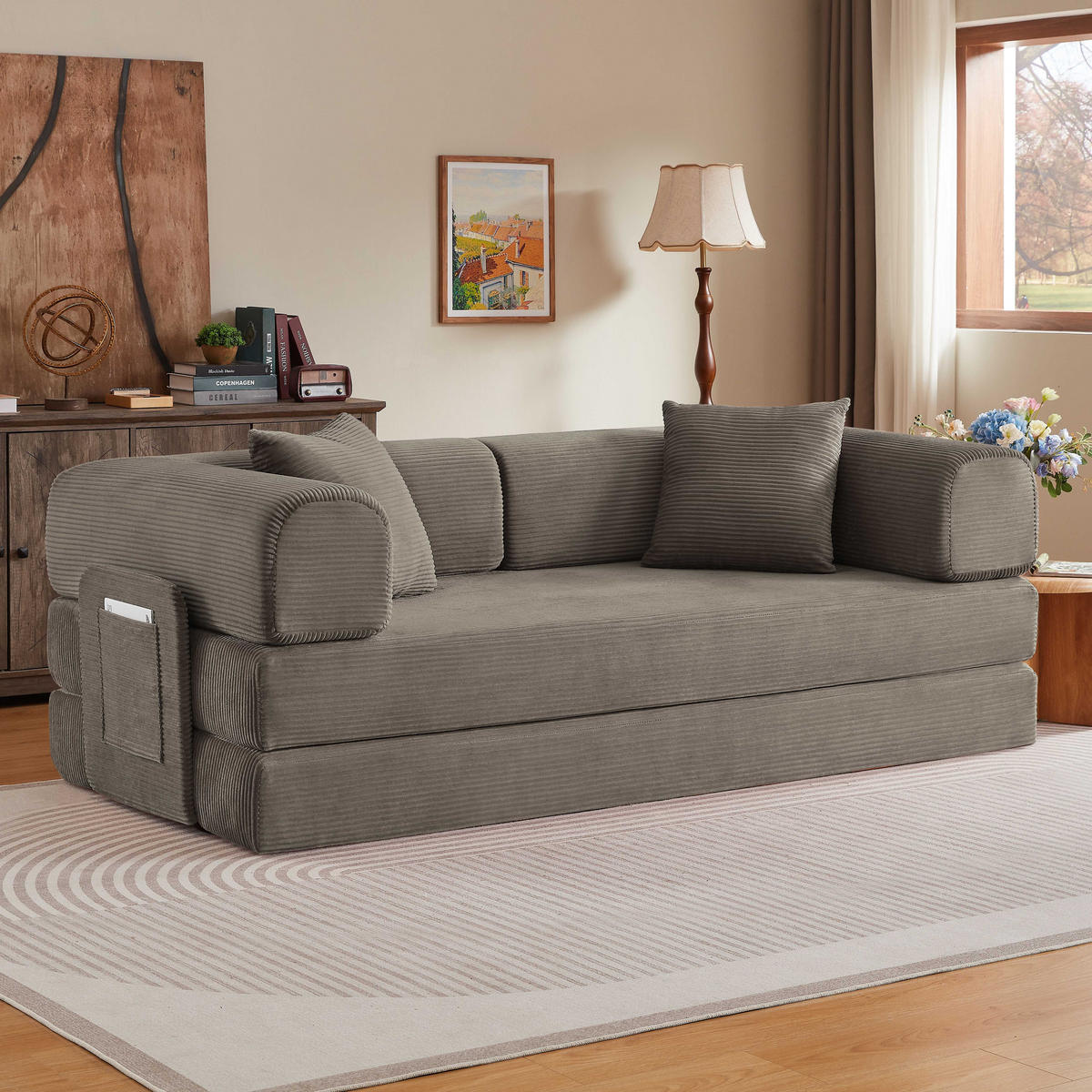 SCHLAFSOFA DE-34938 Tatami-Bodensofa mit 2 Kissen Taupe - Taupe, Textil (204/65/97cm) - ComfortXL