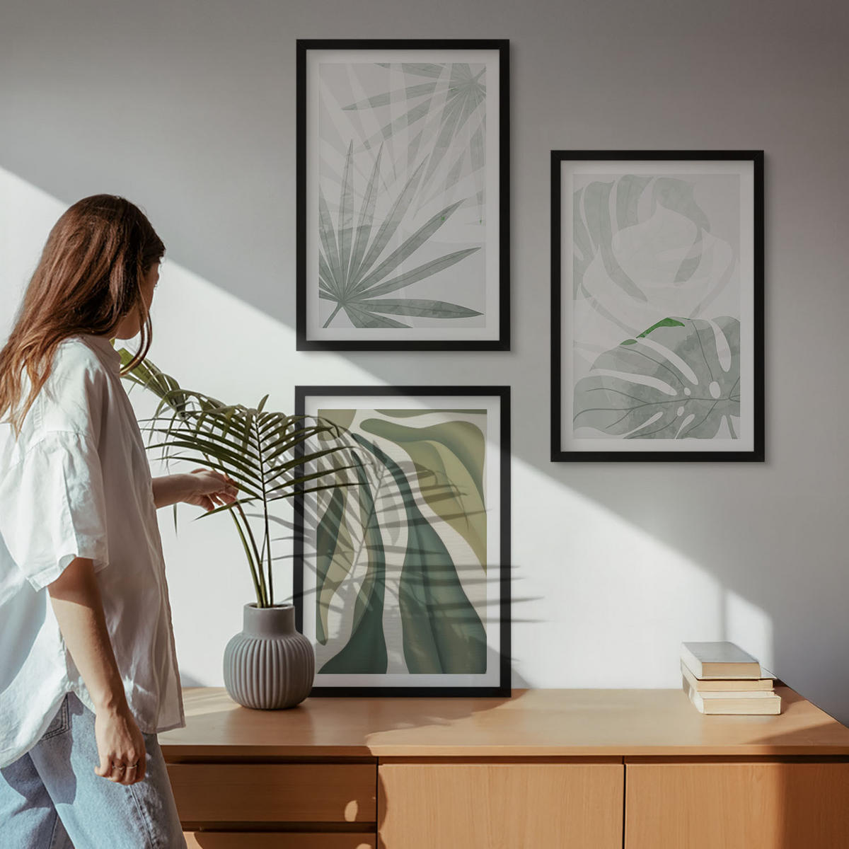 WANDBILDER 3er-Set - 40x60 cm Schwarzer Rahmen - Blätter von Pflanzen in Grün und Grau - Schwarz, Kunststoff (40/60cm) - ArtPrintCave