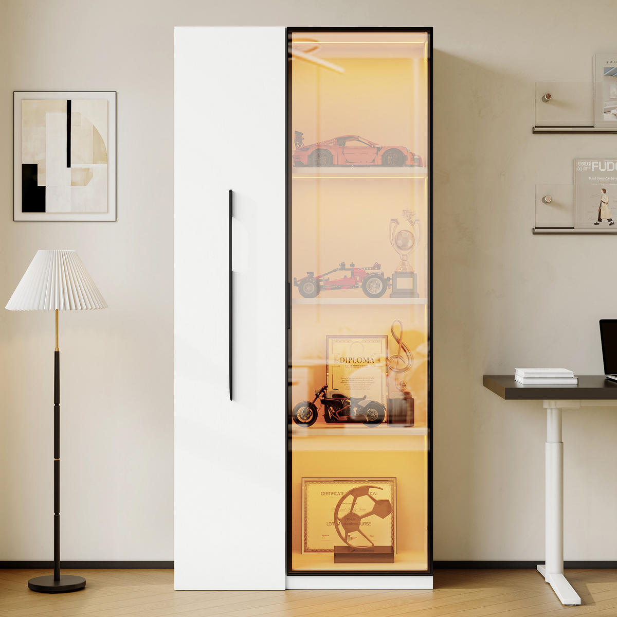 VITRINE 70/40/160 cm in Weiß mit LED-Beleuchtung und ausziehbarem Regal - Weiß, Holzwerkstoff (70/160/40cm) - Flora Grace