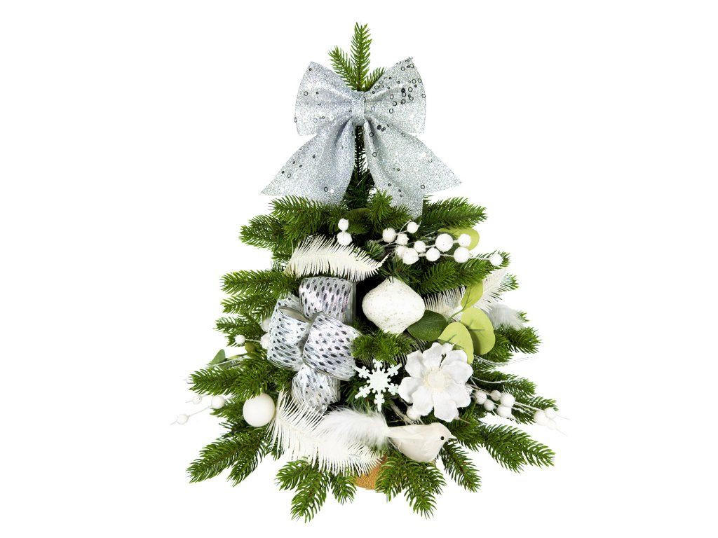 WEIHNACHTSBAUM künstlicher 60 cm mit LED-Beleuchtung, WEISSEMELODIE II, mit 29 Weihnachtsbaumschmuck, Pflanztopf mit Jutesack - Silberfarben/Weiß, Kunststoff/Stein (40/60cm) - LAALU