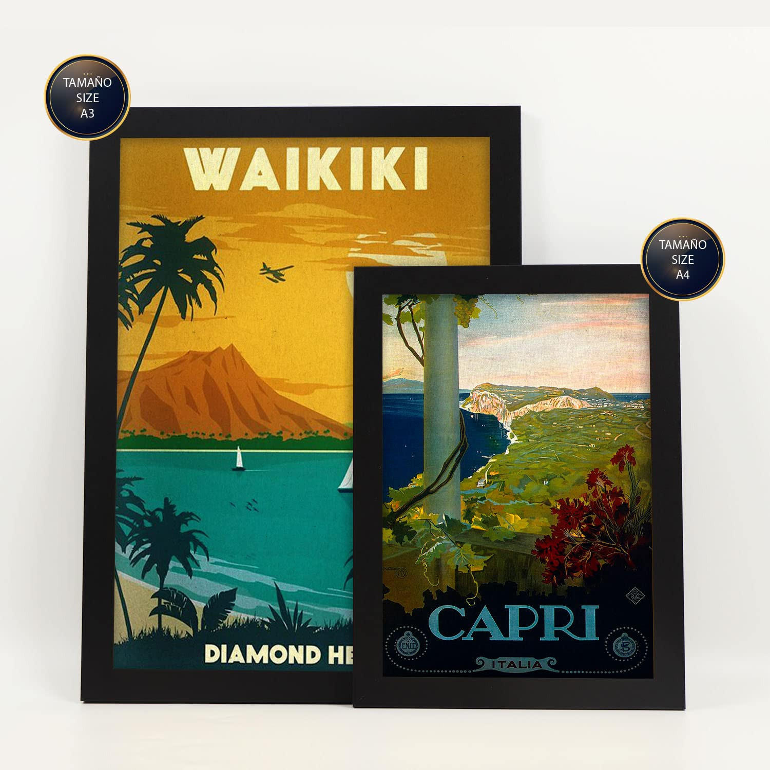 POSTER Set Mit 6 Strände Und Kreuzfahrten Vollfarbige Illustrationen Von Vintage Tourismus Werbetafeln Aus Der Ganzen Welt A3 & A4 Schwarzer Rahmen - Schwarz, Papier (29/3cm) - Nacnic