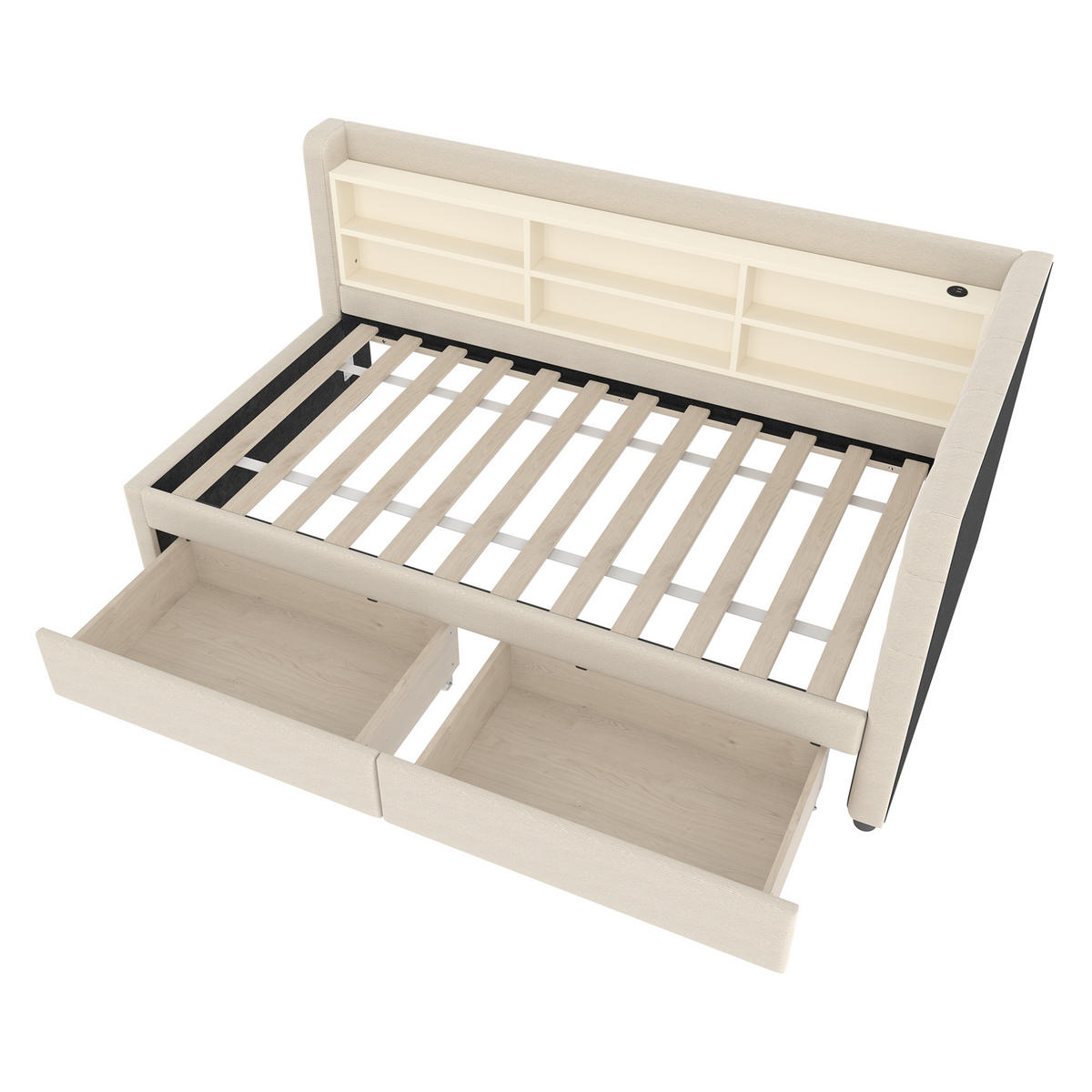 POLSTERBETT 90/200 cm mit Schubladen, USB-C und gepolstertem Kopfteil in Beige - Beige, Textil (90/200cm) - BEAOK