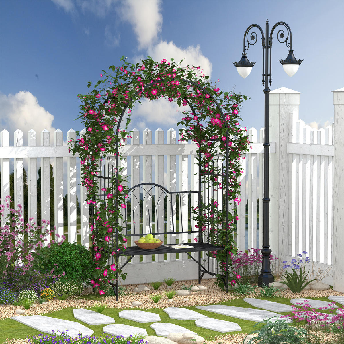 ROSENBOGEN mit Bank, 115 x 59 x 203 cm, Metall, Schwarz - Schwarz, Metall (115/203/59cm) - Outsunny