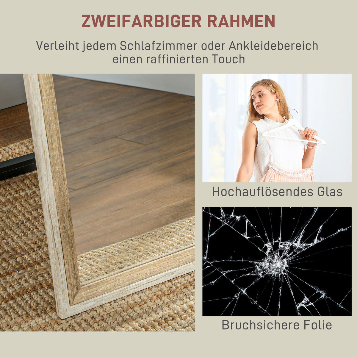 GANZKÖRPERSPIEGEL, 162,6 x 53,5 cm Standspiegel mit Ständer Weiß+Naturholz - Weiß/Naturfarben, Glas (53.3/162.6/2.5cm) - HOMCOM