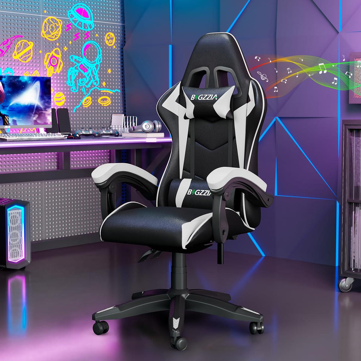 GAMINGSTUHL Schwarz-Weiß mit Bluetooth Lautsprechern ergonomisch höhenverstellbar - Weiß, Metall (66/124/58cm) - Rattrix
