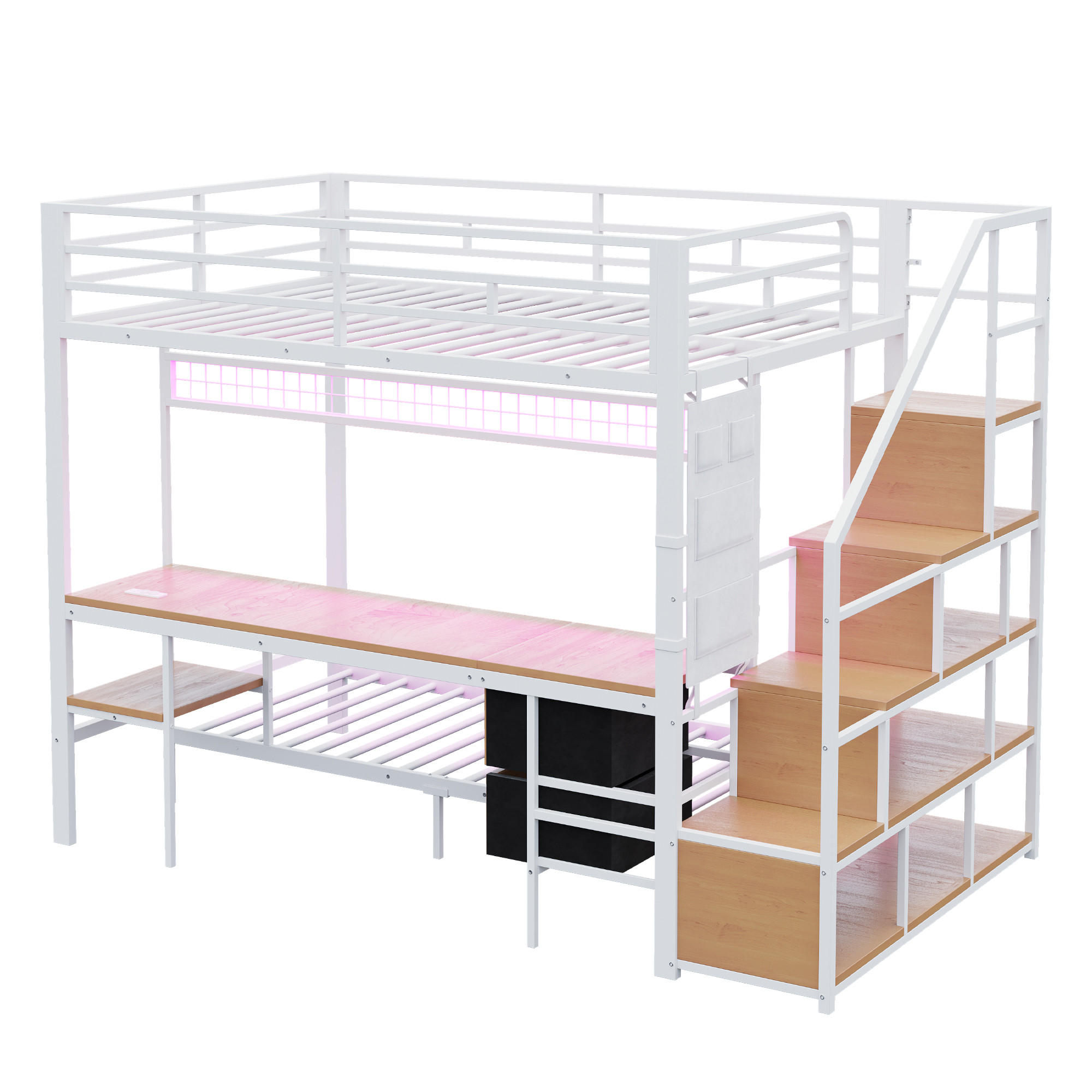 ETAGENBETT 140/200 cm DE-01501, in Weiß, mit Schreibtisch, LED und Steckdosen - Weiß, Metall (140/200cm) - ComfortXL