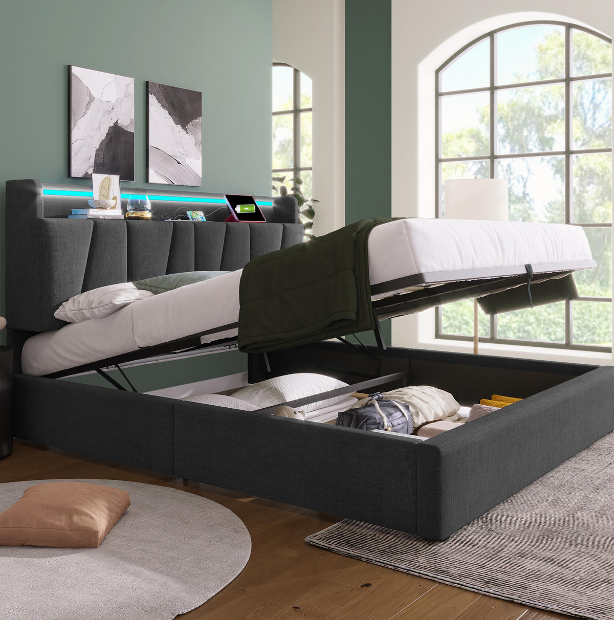 POLSTERBETT 140/200 cm mit Bettkasten, USB/Type-C & LED-App, grau - Grau, Textil (140/200cm) - Redom