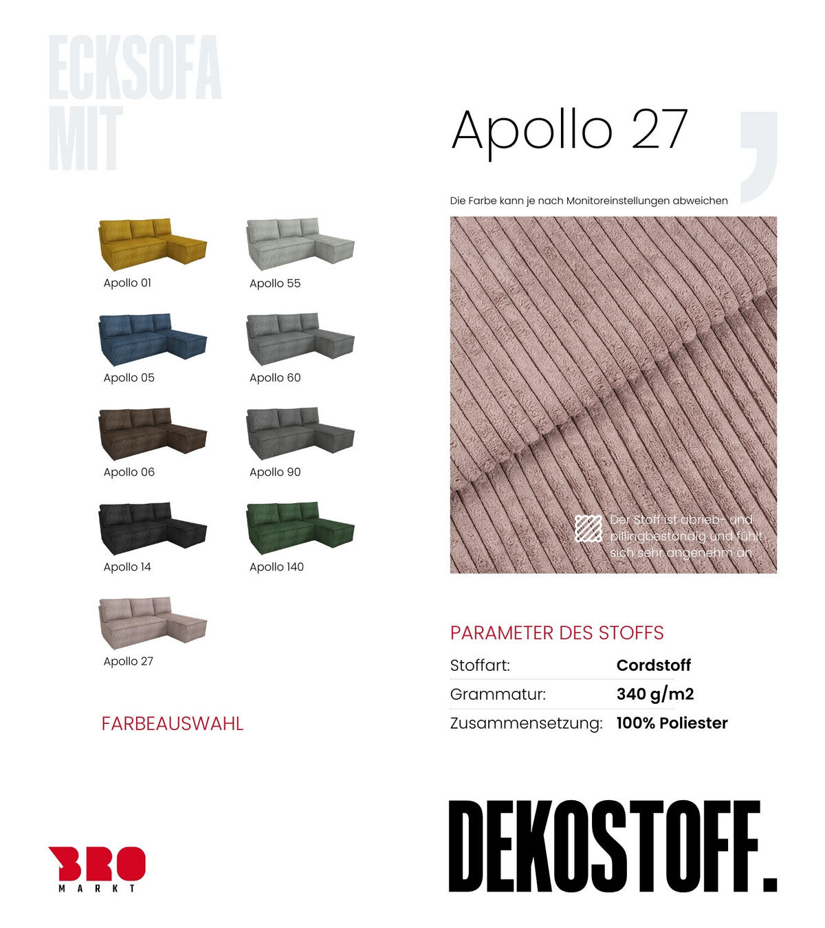 ECKSOFA Hector mit Schlaffunktion Puderrosa Cord - Rosa, Textil (200/141cm) - Bromarkt