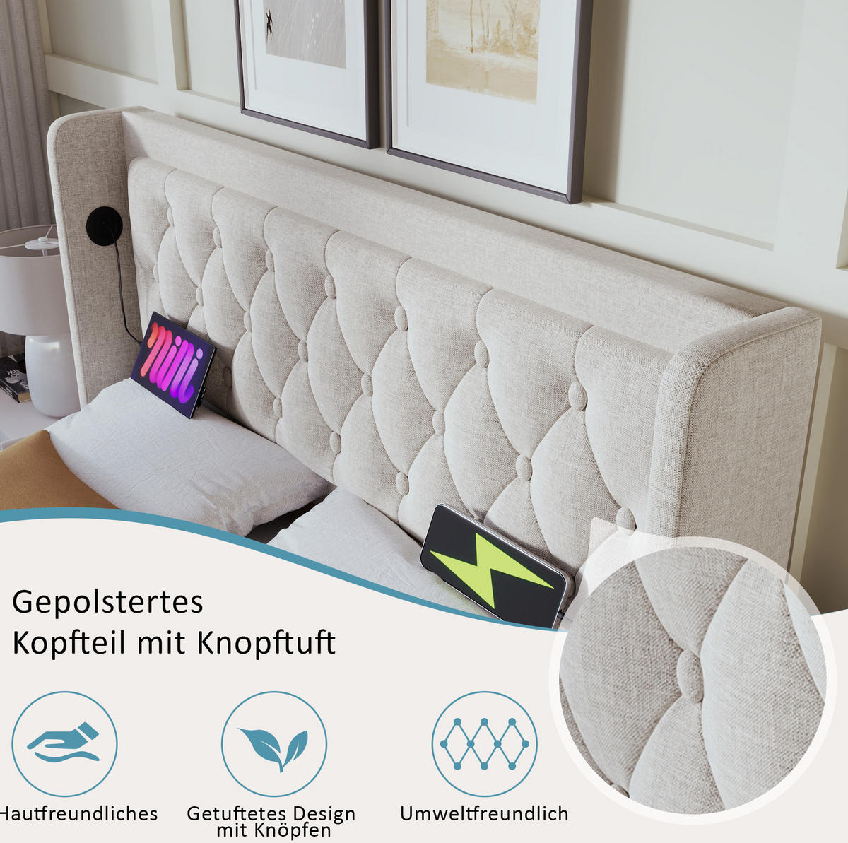 POLSTERBETT 160/200 cm Beige aus Baumwolle mit Stauraum, LED und USB-C - Beige, Textil (160/200cm) - OKMYHOME