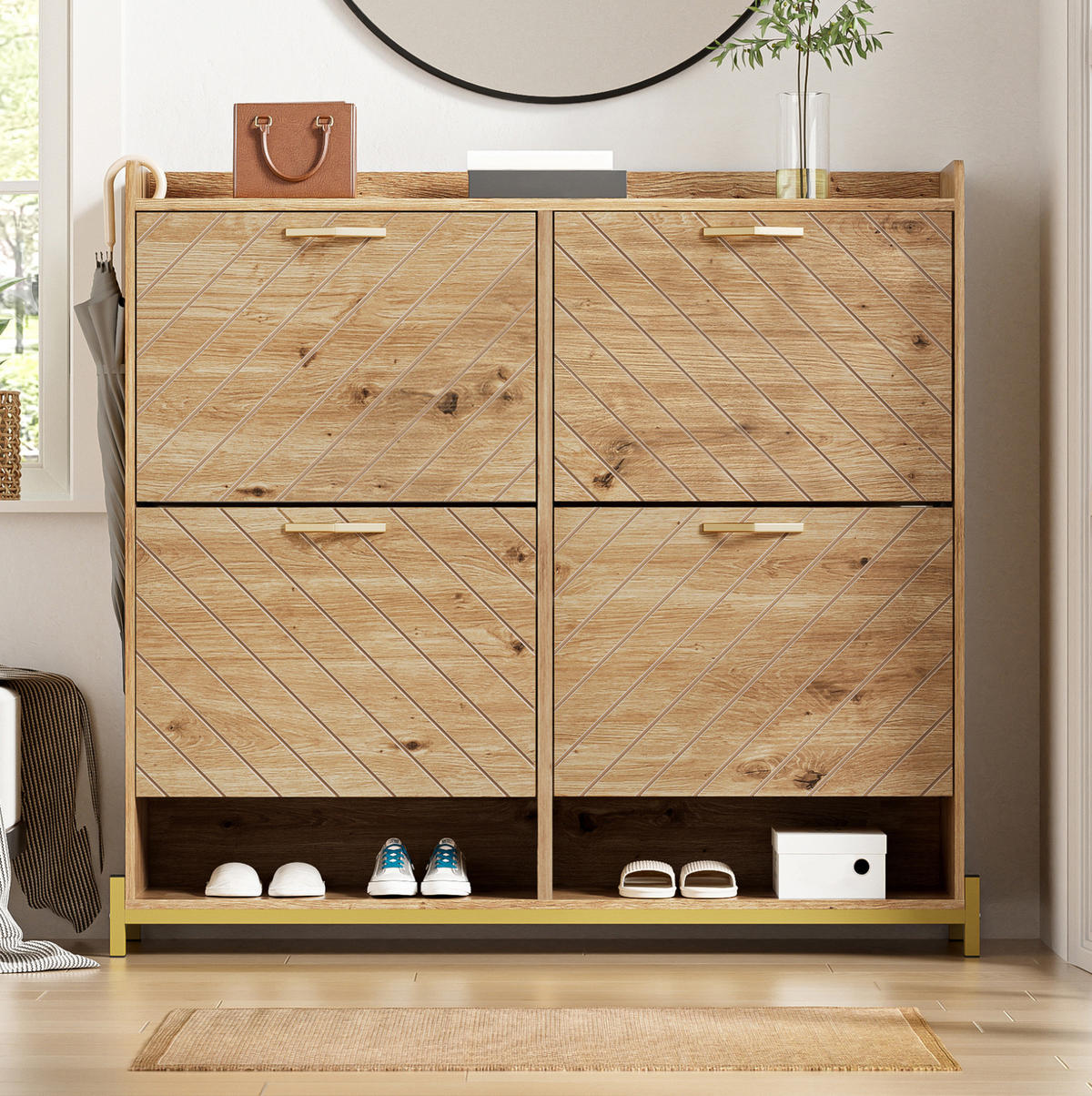 SCHUHSCHRANK mit 4 Klappen 108,5/24/100 cm in Holzoptik, platzsparend - Naturfarben, Holzwerkstoff (108.5/100/24cm) - BEAOK
