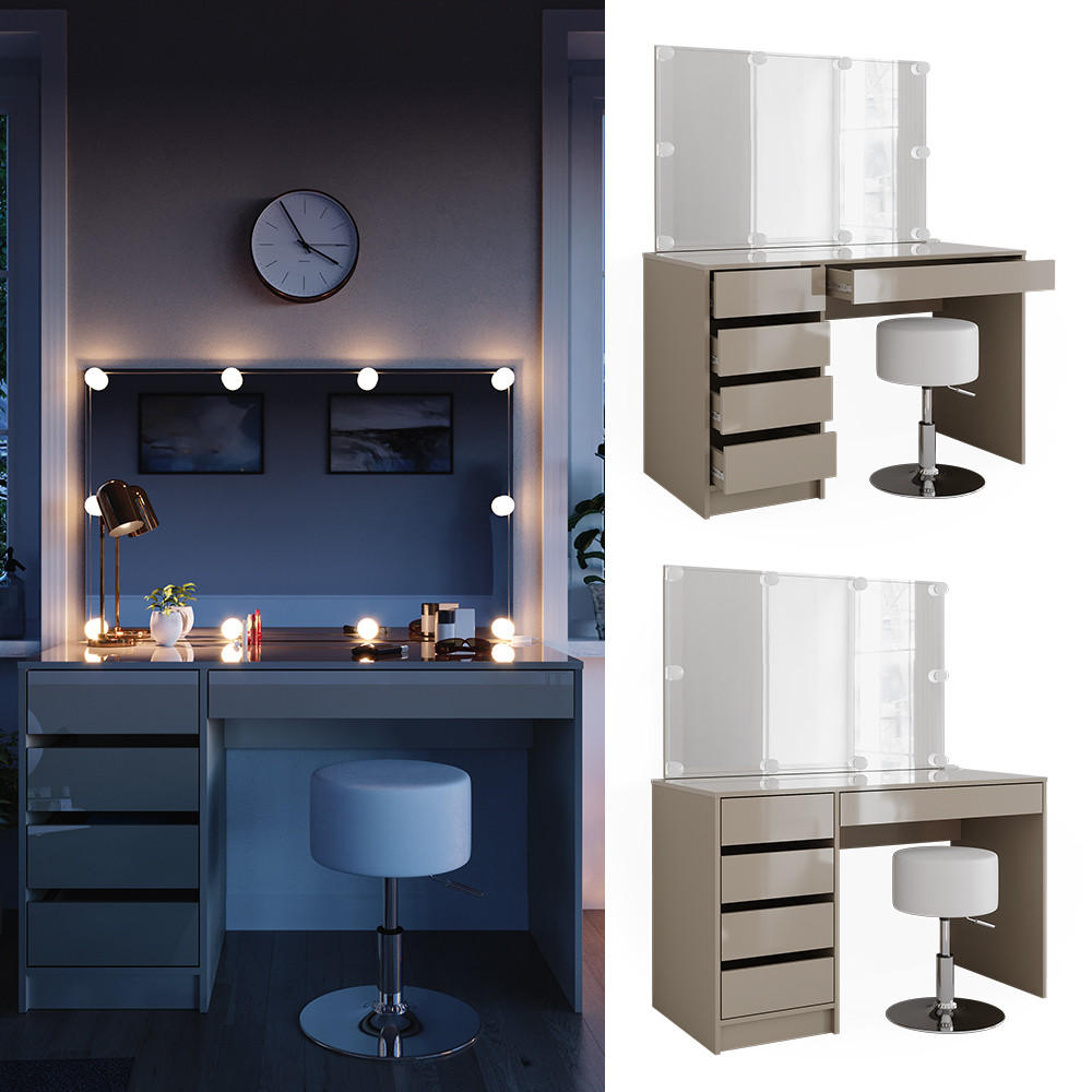 SCHMINKTISCH Sherry Greige 120 cm mit LED Beleuchtung und Hocker - Greige, Holzwerkstoff (120/75/55cm) - Vicco