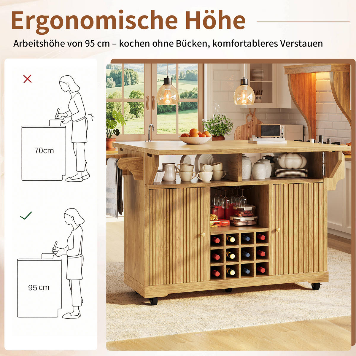 KÜCHENINSEL Weinregal Stauraum Naturbraun - Naturfarben, Holzwerkstoff (142.5/95/80cm) - FLIEKS