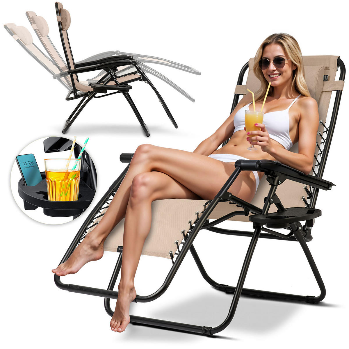GARTEN-RELAXSESSEL Klappbarer mit Kissen, Beige - Beige, Metall (60/102/110cm)