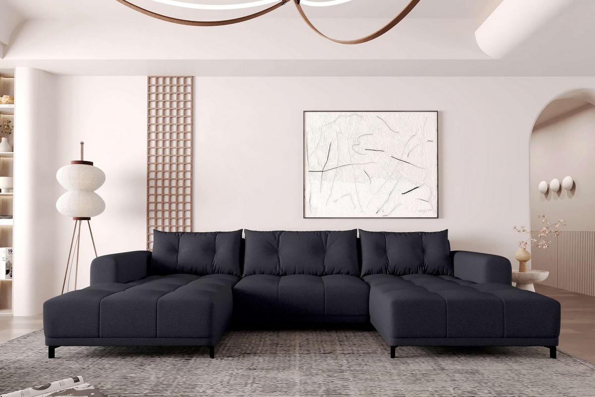 WOHNLANDSCHAFT Strukturstoff Schwarz inkl. Schlaffunktion - Schwarz, Textil/Metall (348/94/181cm) - 99rooms