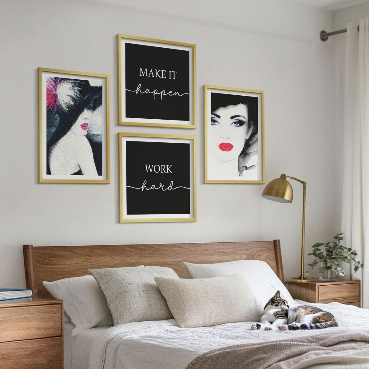 BILDER SET 4er Set - 50x50 cm & 40x60 cm Goldrahmen - Porträts von Frauen mit Lippen - Goldfarben, Kunststoff (50/50cm) - TULUP