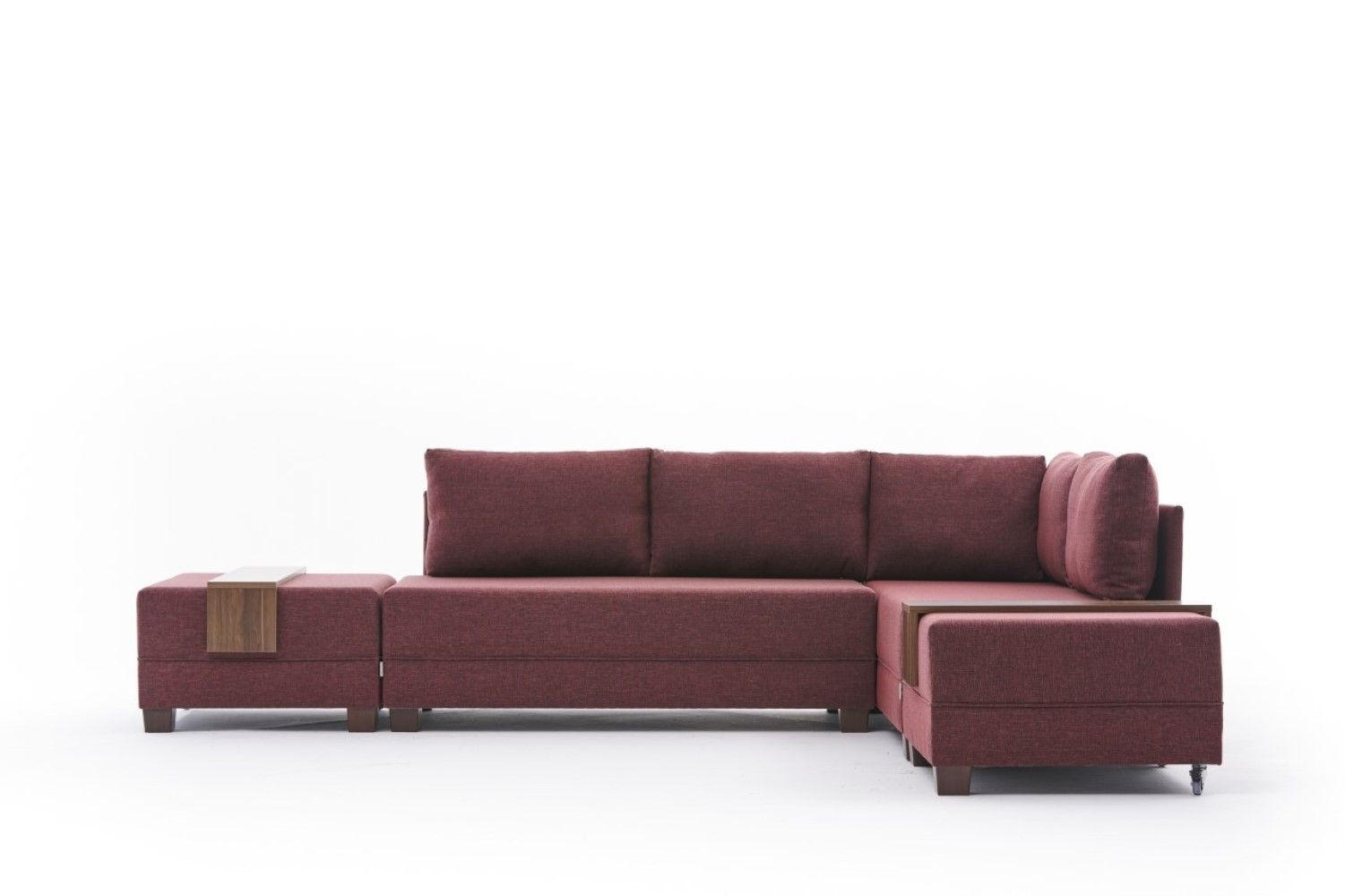 ECKSOFA mit rollbarer Schlaffunktion - Rot/Walnussfarben, Holz/Textil (210/280cm) - myHomelando