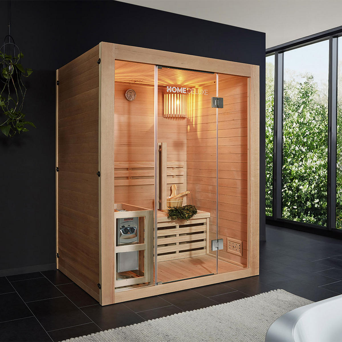 SAUNA SKYLINE L - Mit Holzwand, 150 x 120 x 190 cm - Naturfarben, Holz (150/190/120cm) - Home Deluxe