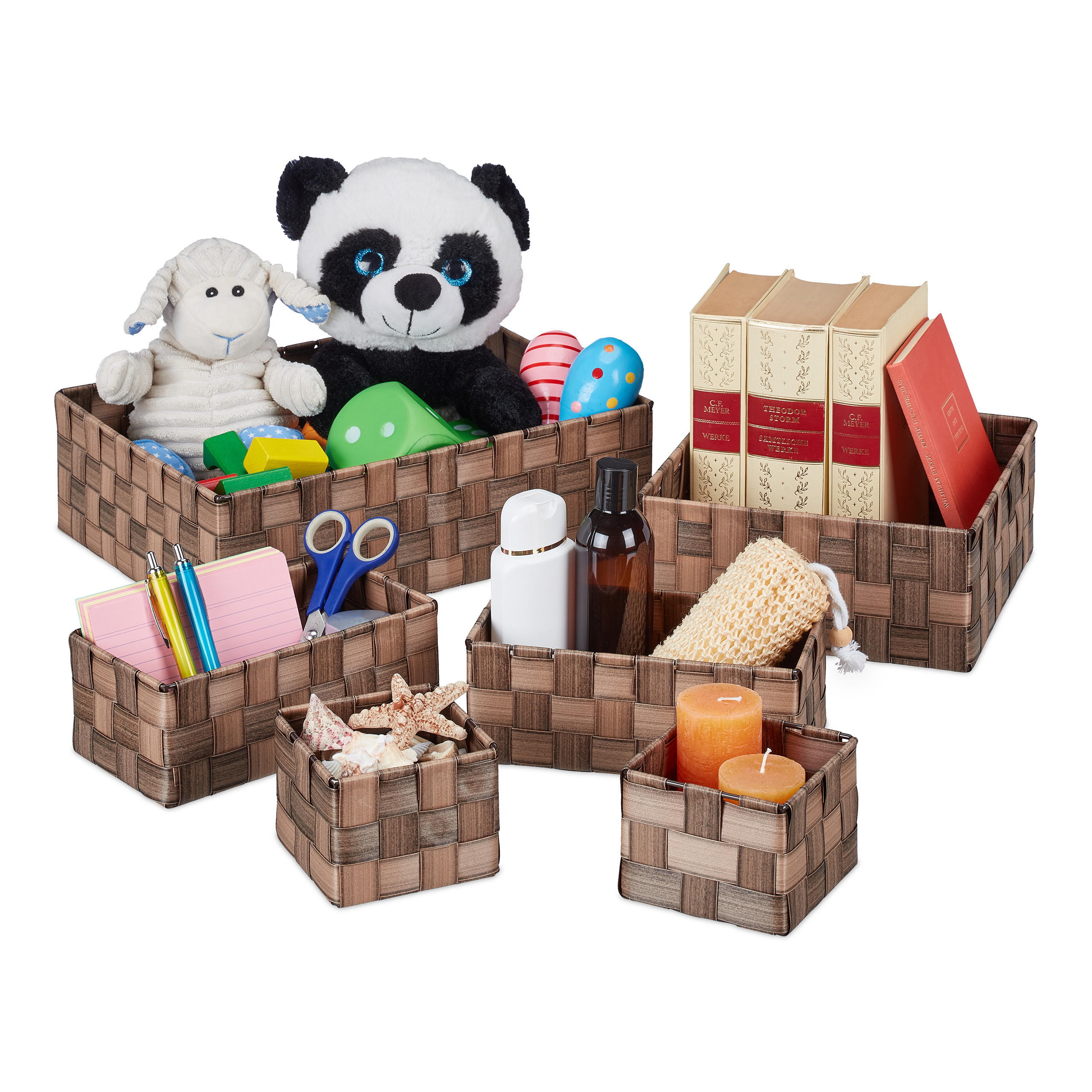 6-DIELNA súprava úložných košov - hnedá, kov/plast (35.5/10.5/26cm) - Relaxdays