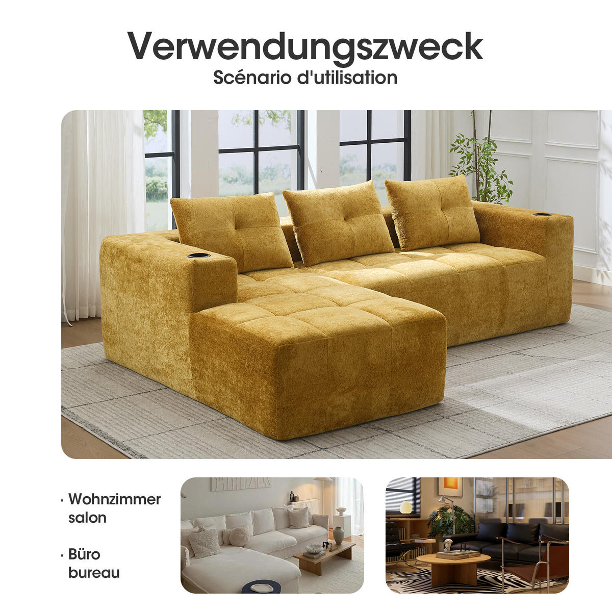 ECKSOFA chenille L-form mit getränkehaltern & 3 kissen - Gelb, Textil (258/163cm) - Urban Meuble